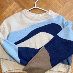 OAK + FORT Colorblock Sweater in Cream, Light Blue, Navy, and Brown